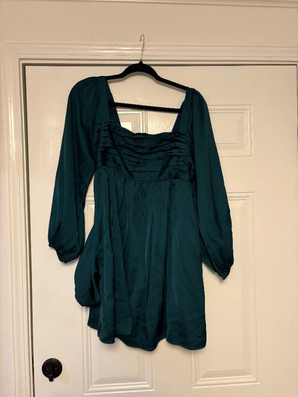 Abercrombie & Fitch Satin Ruched Long Sleeve Mini Dress Emerald Green M